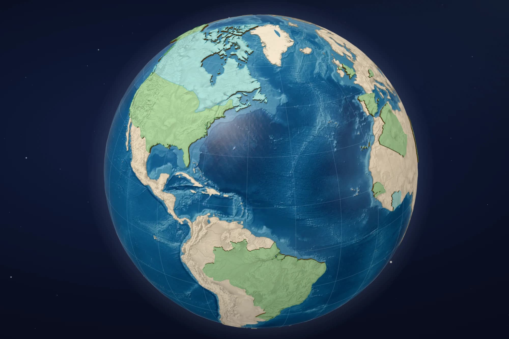 Bintu’s 3D globe over the Atlantic, with countries across the Americas, Europe, and Africa filled in soft green and pale blue